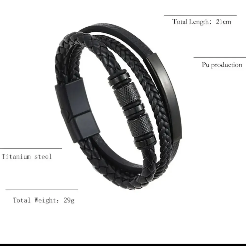 Men's Black Titanium Braded Black Leather Trinity Bracelet